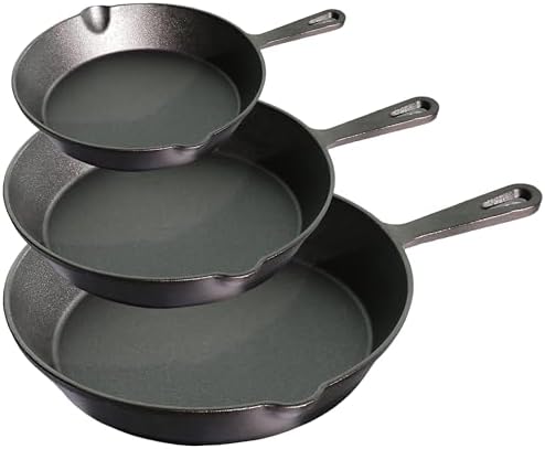 La Cuisine Pre Seasoned Cast Iron Skillet Set, 3 Piece Frying Pans (15 cm, 19 cm, 25 cm) Naturally Non Stick for Frying Grilling Sautéing Searing & Baking, GlassTop PFOA Free