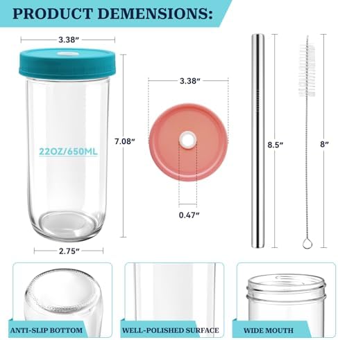 4 Pack Reusable Boba Cup 22OZ Wide Mouth Mason Jar Glass Drinking Cup