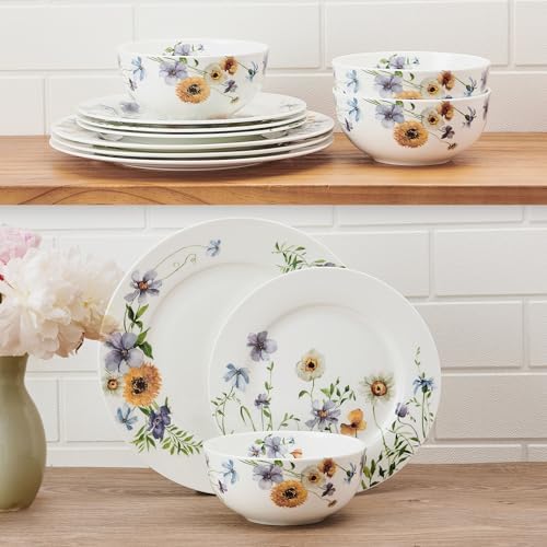 Mikasa Audrina Water Color Flowers Bone China Lightweight Chip Resistant 12 Piece Dinnerware Set, Service for 4, White