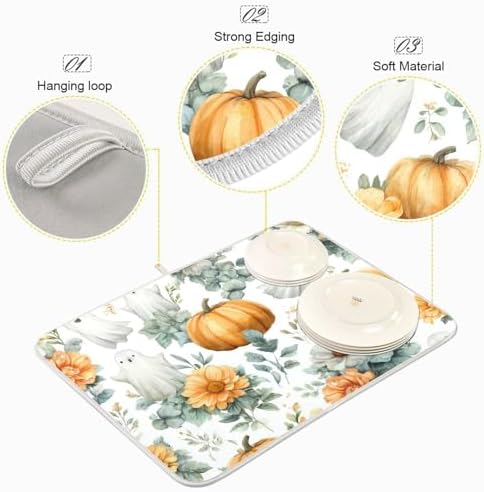 OTVEE Halloween Pumpkins Art Dish Drying Mat for Kitchen Counter