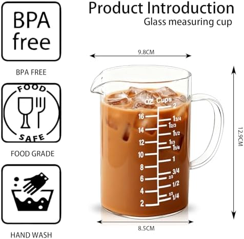 BCnmviku Graduated Glass Measuring Cup 16Oz/2Cups/500ml Easy to Read