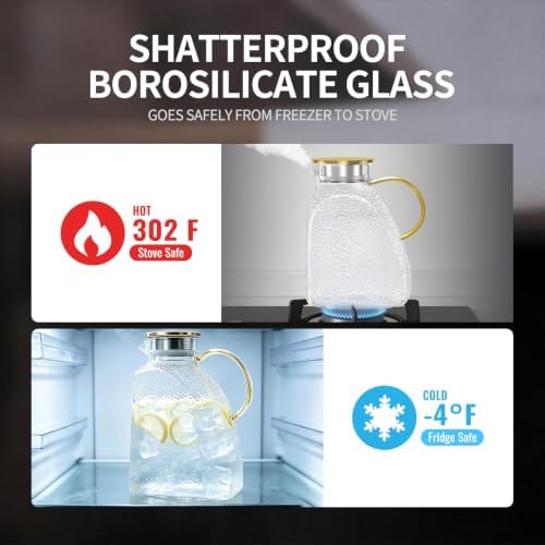1 Gallon Large Hammered Square Glass Pitcher, with Lid Spout & Handle