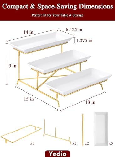 3 Tiered Serving Tray, 14 Inch Porcelain Serving Platters, Gold