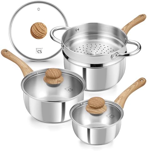 KOCH SYSTEME CS Stainless Steel Saucepan Set with Steamer, 18/10 Stainless Steel Pots 1QT& 2QT & 3QT, Sauce Pan Set with Cool-Touch Handles, Tri-Ply Steel Base, Induction Compatible Pots