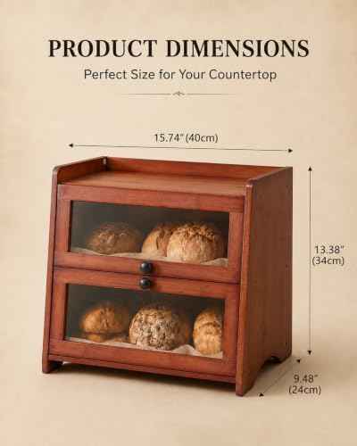 Brown Bread Box for Kitchen Countertop, 2 Tier Large Capacity Wooden Bread Storage Container, Farmhouse Bread Keeper for Bread, Bagels, Pantry Organizer