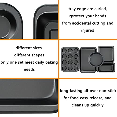 mobzio Kitchen 5-Piece Nonstick Bakeware Set - Round/Square Cake Pans, Muffin Pan, Loaf Pan, Roast Pan & Baking Sheets