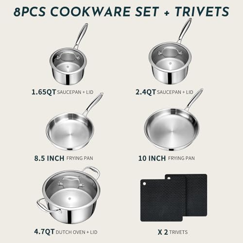 3 Ply Stainless Steel Cookware Set, AIVIKI 10-Pieces Pots and Pans