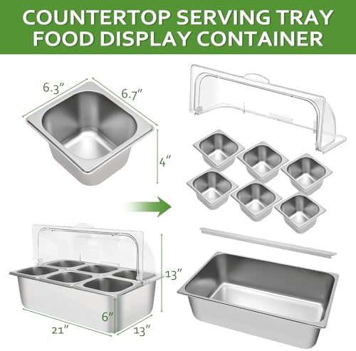 Countertop Ice Food Serving Display Tray, 6-Pan Cold Condiment Station