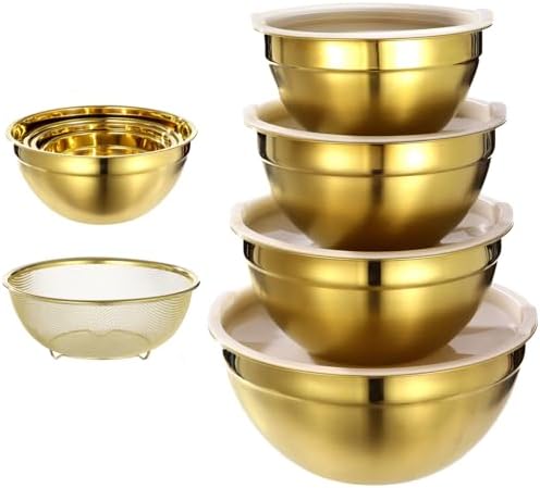 5 PCS Golden Mixing Bowls, Stainless Steel Salad Bowls with Airtight