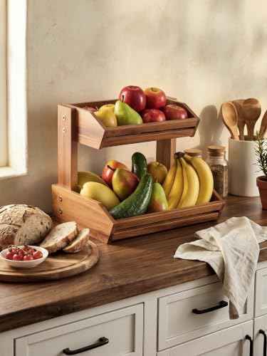 Tidita Acacia 2-Tier Fruit Basket for Kitchen Counter, Breathable Structure