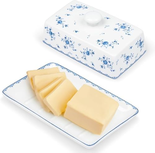 fanquare Porcelain Butter Dish with Lid, Classic Ceramic Butter Keeper