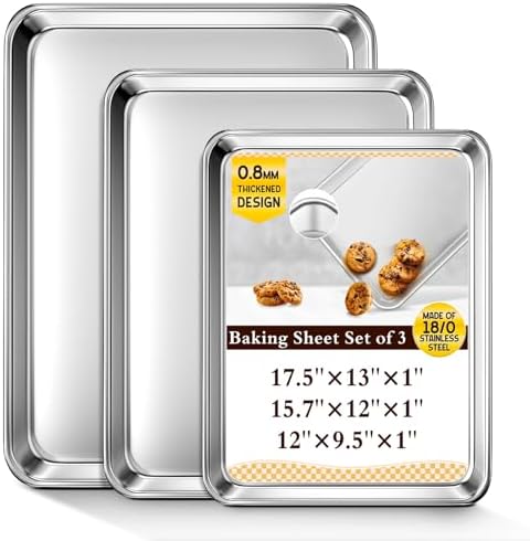 Baking Sheet Set of 3, Commercial Grade Stainless Steel Cookie Sheets