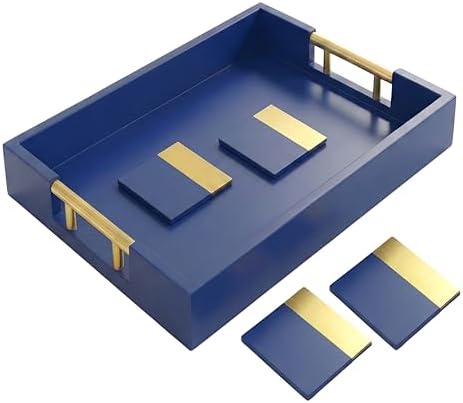Wood Serving Tray with Gold Handles, 16x12, Navy Blue by Death Decor