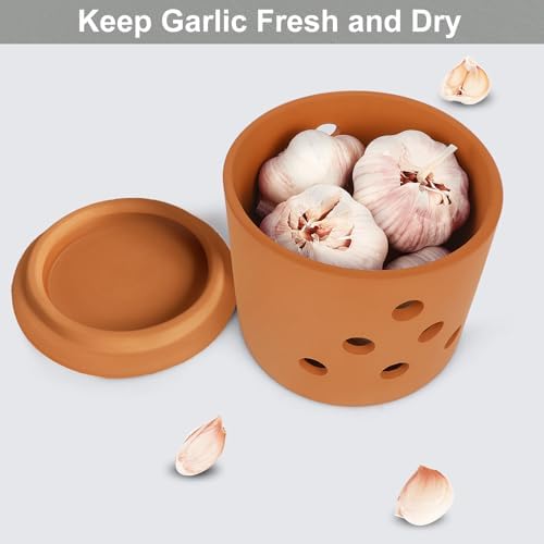 LEEPENK Terracotta Garlic Keeper,Vented Clay Garlic Storage Container