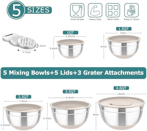 TeamFar Mixing Bowls Set of 5, Stainless Steel Nesting Salad Bowl with