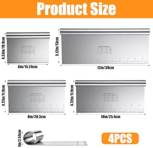 4Pcs Dough Cutter Set, Stainless Steel 12/10/8/6" Bench Scraper