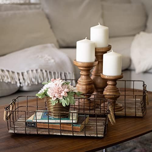 Stonebriar Stackable 2pc Rectangle Metal Wire and Wood Basket Set with
