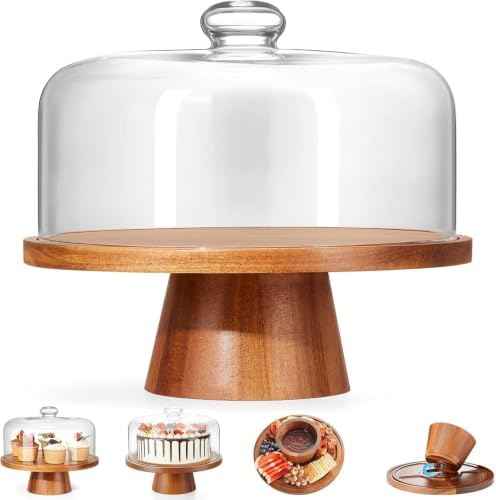 VIVIRBIEN 11in Acacia Wood Cake Stand with Glass Dome&Magnetic