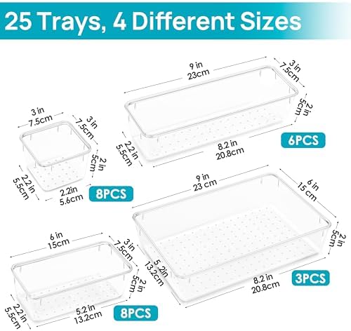 Vtopmart 25 PCS Clear Plastic Drawer Organizers Set, 4-Size Versatile