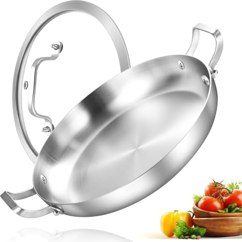 Inqibee 10 Inch Tri-ply Stainless Steel Paella Pan with Lid