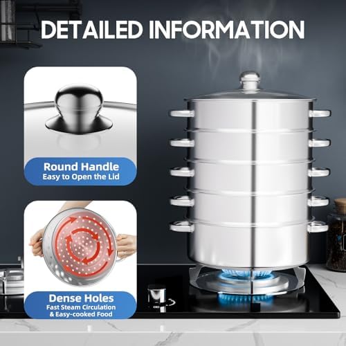 5 Tier Steamer Cooker,Home Steam Pot Set,Multi tier Stainless Steel Kitchen Cookware Hot Pot for Cooking Vegetables, Seafood, Soups, Stews and Pasta (Silver, 11 * 17.71 in)