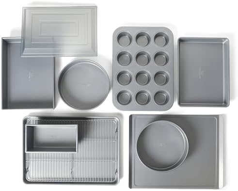 Calphalon Titan 10-Piece Nonstick Bakeware Set, Baking Sheet Set, Steel Core PFA-Free Nonstick Coating, Oven Safe, Includes Sheet Pans, Muffin Pan, Round Cake Pans, Loaf Pan and Cooling Rack - Silver