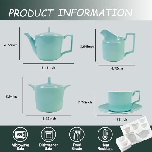 Mint Green Tea Set with Teapot, Cups, Sugar & Creamer Set, Afternoon