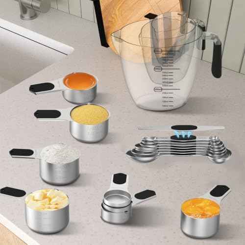 Magnetic Measuring Cups and Spoons Set,Stainless Steel 5 Dry & Liquid Measuring Cups Dry,7 Magnetic Measuring Spoons,3 Plastic Measuring Cup with 1 Measuring Conversion Chart for Cooking & Baking