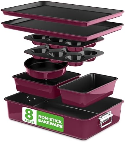 NutriChef 8-Piece Nonstick Stackable Bakeware Set - PFOA, PFOS, PTFE Free Baking Pan Set w/Non-Stick Coating, 450°F Oven Safe, Round Cake, Loaf, Muffin, Wide/Square Pans, Cookie Sheet (Plum)