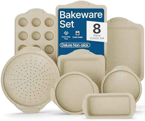 BAKKENMASTER Deluxe 8-Piece Carbon Steel Bakeware Set - Nonstick White Marble Coating, Silicone Handles - Professional Quality Kitchen Oven Baking Pans
