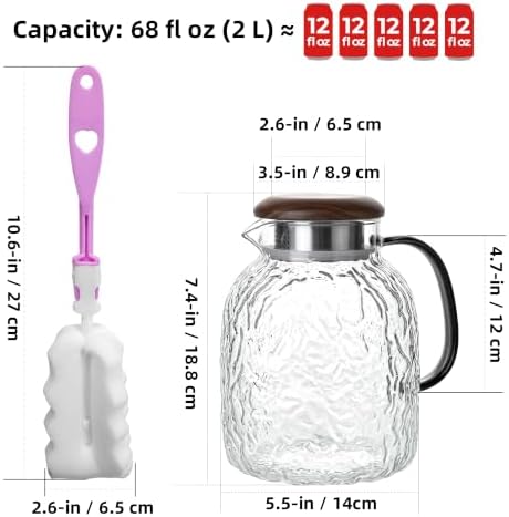 2L Square Glass Pitcher with Lid and Spout, Borosilicate Glass Carafe