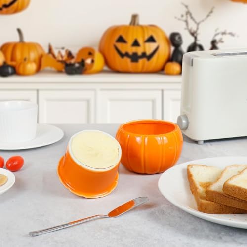 SETRON Halloween Pumpkin Butter Crock, Ceramic Butter Keeper with Lid