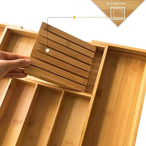 VaeFae Bamboo Silverware Drawer Organizer with Knife Block Set
