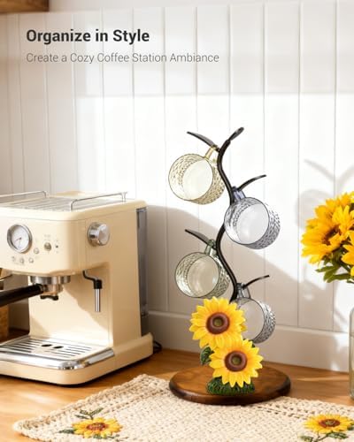 GAJ Sunflower Mug Tree Coffee Cup Holder, Countertop Stand Holds 4