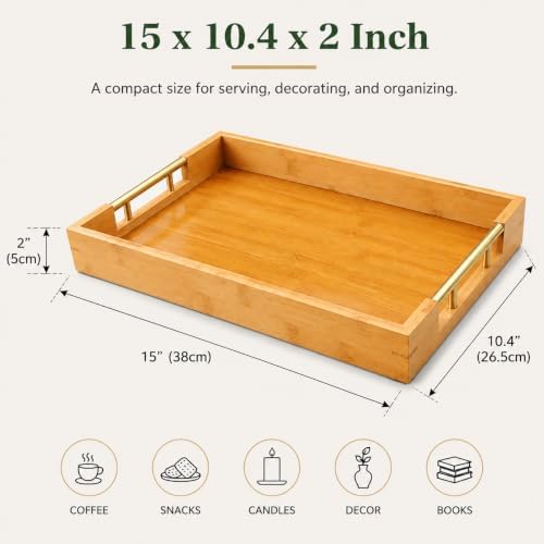 Bamboo Serving Tray, Wooden Tray with Gold Handles, 15L x10W x2H in