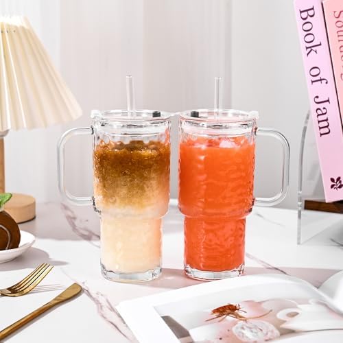 17oz Glass Tumbler with Handle & Lid – 2-Pack Iced Coffee Cups with