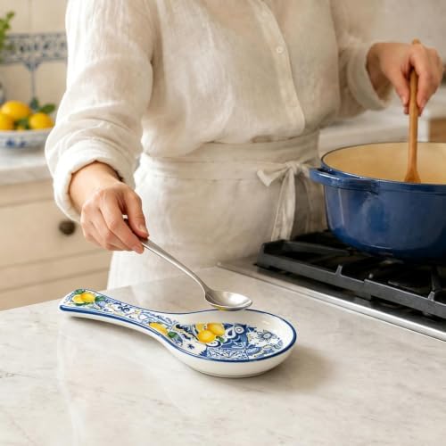 FYSUIMU 8.9 Inch Blue Tile Lemon Spoon Rest, Summer Kitchen Decor