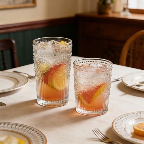 Loivttvv 12pcs Vintage Drinking Glasses Set, 12 oz Highball Glasses &