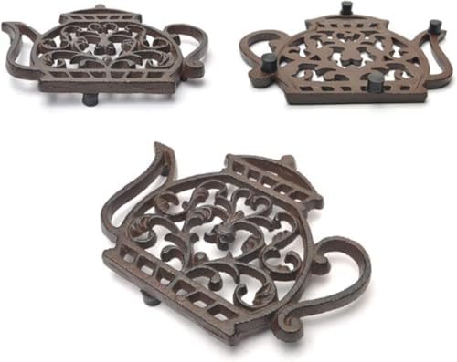Cast Iron Trivets for Hot Dishes, Rustproof Tea Pot Trivet with Rubber