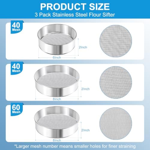 3 Pcs flour sifter for baking (8" 40 and 60 Mesh, 6" 40 Mesh)