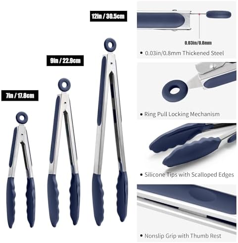 Doosu Silicone Kitchen Tongs, 3-Piece, Navy