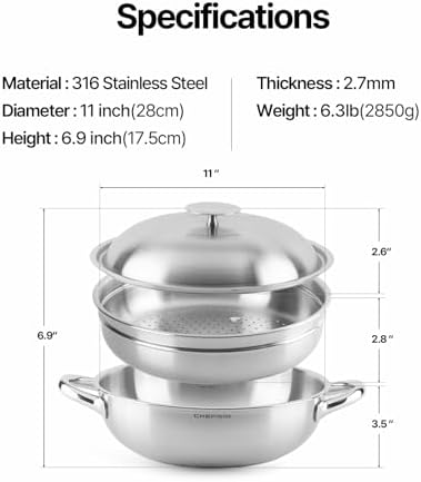 316 Stainless Steel 11-Inch 4.5 Quart Heavy Duty Wok pan with Lid and Steamer, Stir Fry Pan, 5Ply, Induction Cookware, Dishwasher Safe, Oven Safe