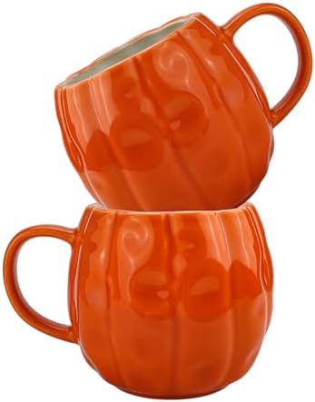 Pumpkin Mugs Set of 2 - Large Ceramic Fall Coffee Mugs 17 OZ