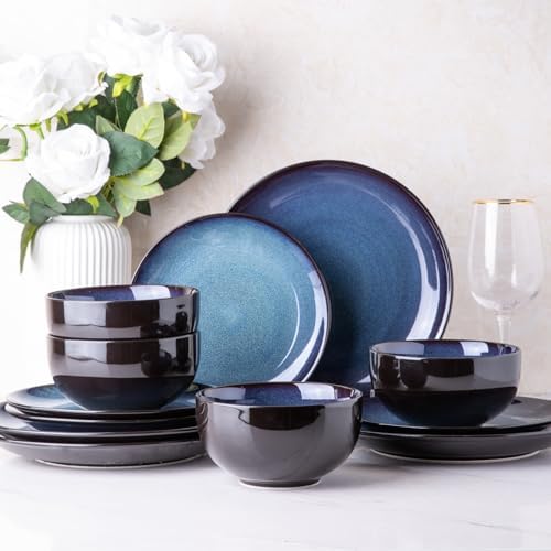 LeRatio Ceramic Dinnerware Sets for 4,12Pcs Porcelain Plates and Bowls
