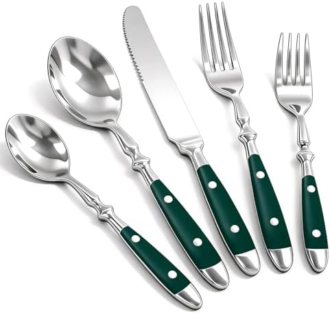 Vintage Silverware Set Service for 4, Flatware Set with Green Bakelite