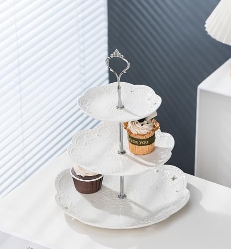 Jusalpha 3 Tier White Porcelain Cake Stand, Cupcake Stand with Silver