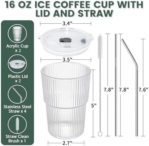 HIGIINC Iced Coffee Cups With Lids and Straws 2 Pcs, 16 OZ Unbreakable