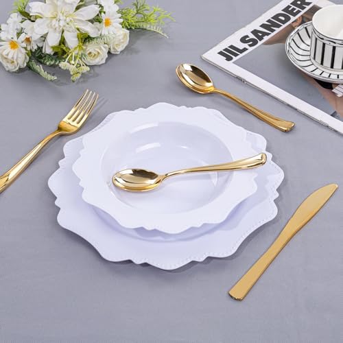 COLOSUS 60PCS White Disposable Bowls, 12oz Nice Beaded Dessert Bowls.