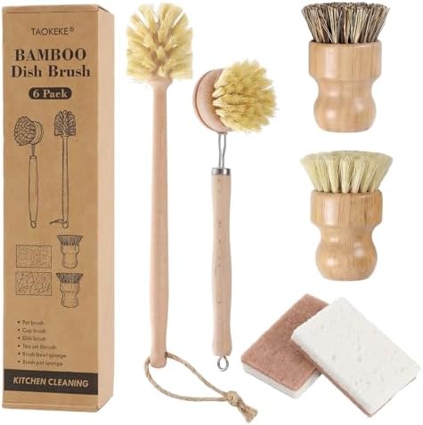 6-Pack Bamboo Dish Brush and Sponge Set