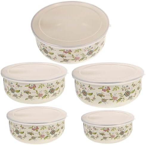 DOITOOL Enamel Bowls with Lids Set of 5 Nesting Bowls with Lids for